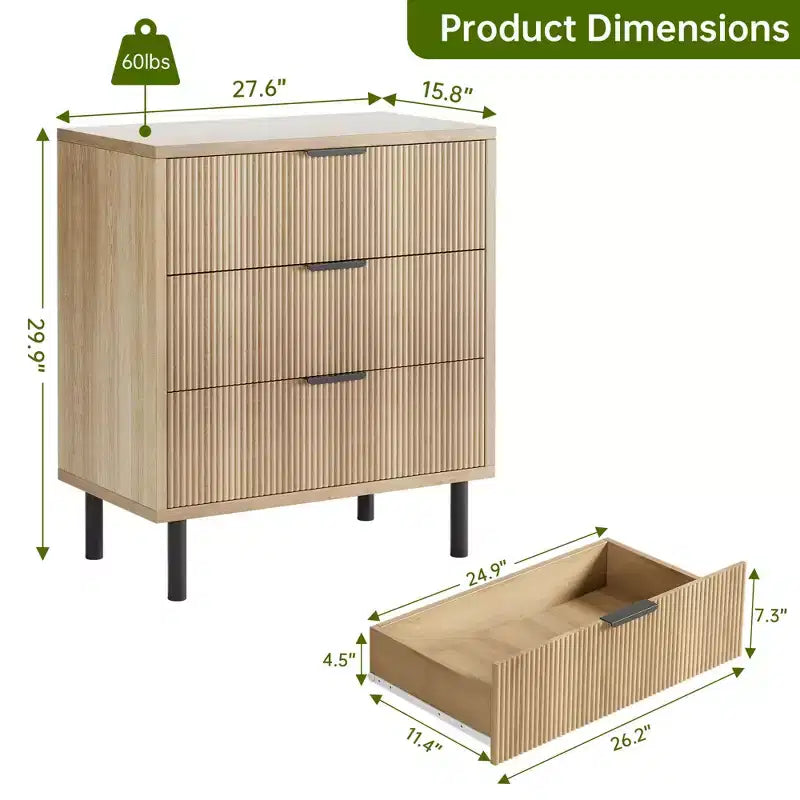 Comò a 3 cassetti scanalati, cassettiera larga 71 cm con dispositivo antiribaltamento, comodino alto in legno con contenitore e gambe in metallo per camera da letto, corridoio
