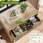 Comò a 3 cassetti scanalati, cassettiera larga 71 cm con dispositivo antiribaltamento, comodino alto in legno con contenitore e gambe in metallo per camera da letto, corridoio