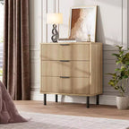 Comò a 3 cassetti scanalati, cassettiera larga 71 cm con dispositivo antiribaltamento, comodino alto in legno con contenitore e gambe in metallo per camera da letto, corridoio