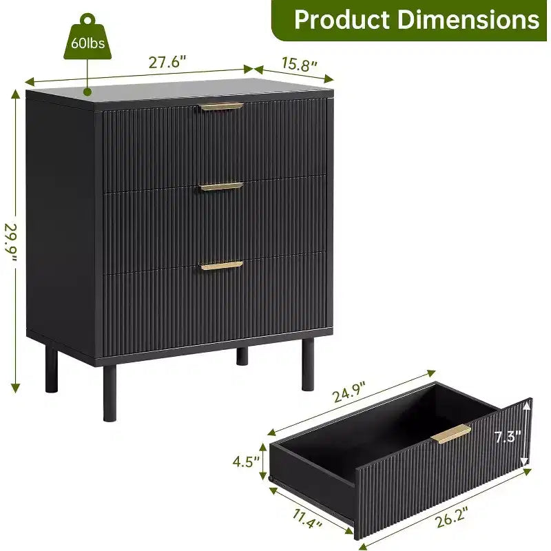 Comò a 3 cassetti scanalati, cassettiera larga 71 cm con dispositivo antiribaltamento, comodino alto in legno con contenitore e gambe in metallo per camera da letto, corridoio