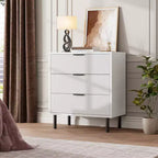 Comò a 3 cassetti scanalati, cassettiera larga 71 cm con dispositivo antiribaltamento, comodino alto in legno con contenitore e gambe in metallo per camera da letto, corridoio