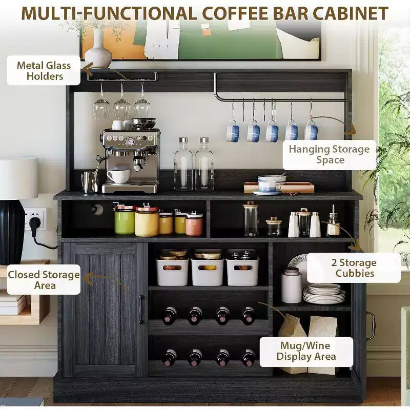 Moderno Mobile Bar Nero con Portabottiglie, Ripiani Regolabili e Portacalici - Organizer per Cucina, Sala da Pranzo, Caffetteria