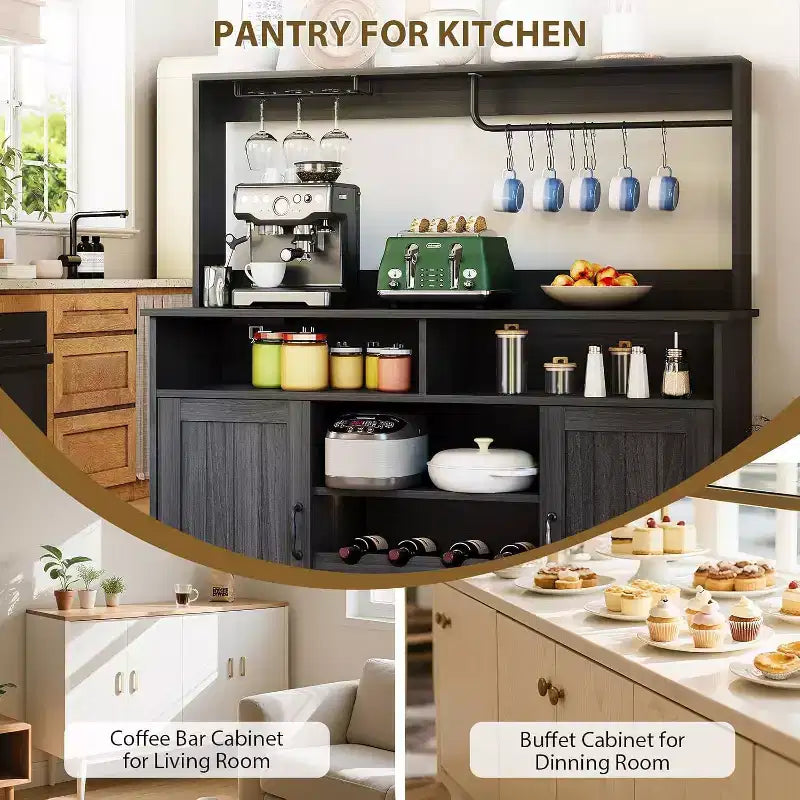 Moderno Mobile Bar Nero con Portabottiglie, Ripiani Regolabili e Portacalici - Organizer per Cucina, Sala da Pranzo, Caffetteria