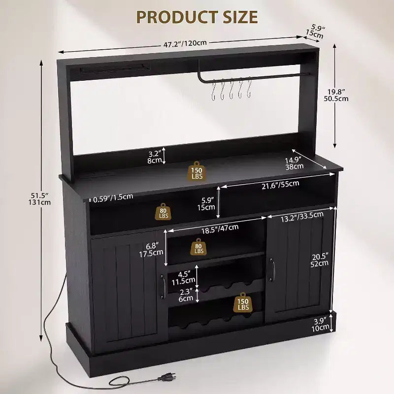 Moderno Mobile Bar Nero con Portabottiglie, Ripiani Regolabili e Portacalici - Organizer per Cucina, Sala da Pranzo, Caffetteria