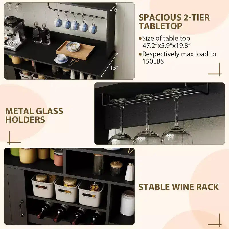 Moderno Mobile Bar Nero con Portabottiglie, Ripiani Regolabili e Portacalici - Organizer per Cucina, Sala da Pranzo, Caffetteria