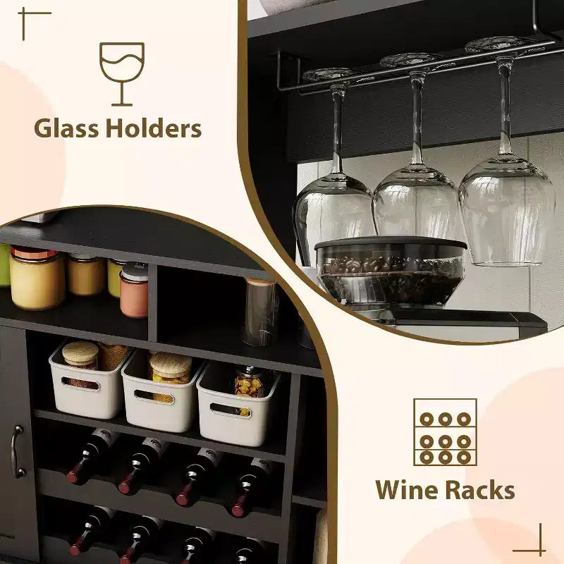 Moderno Mobile Bar Nero con Portabottiglie, Ripiani Regolabili e Portacalici - Organizer per Cucina, Sala da Pranzo, Caffetteria