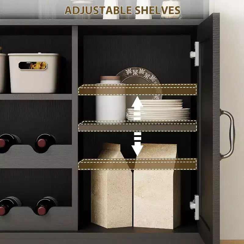 Moderno Mobile Bar Nero con Portabottiglie, Ripiani Regolabili e Portacalici - Organizer per Cucina, Sala da Pranzo, Caffetteria
