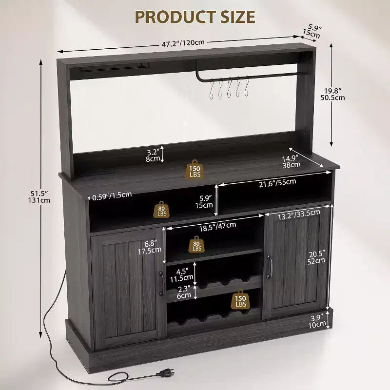 Moderno Mobile Bar Nero con Portabottiglie, Ripiani Regolabili e Portacalici - Organizer per Cucina, Sala da Pranzo, Caffetteria