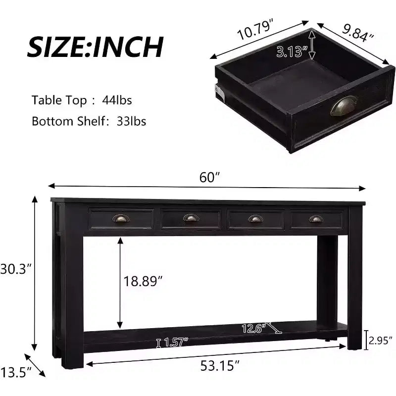 Kinsuite Consolle da Ingresso da 152 cm - Tavolo d'Appoggio con 4 Cassetti Rustico, Nero