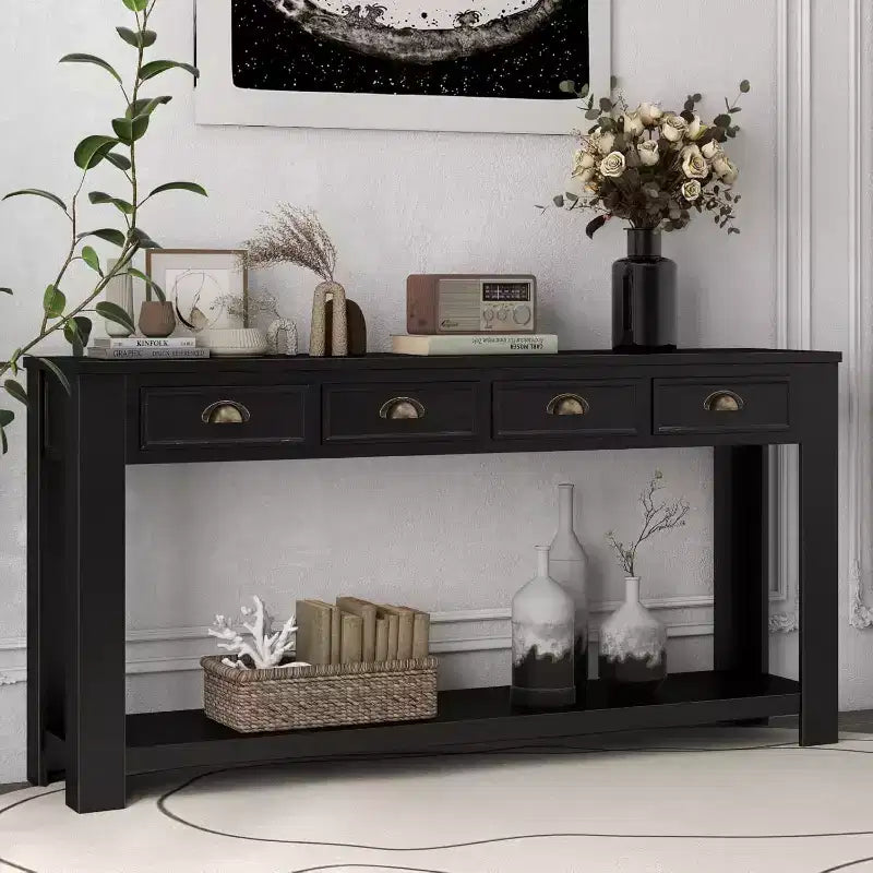 Kinsuite Consolle da Ingresso da 152 cm - Tavolo d'Appoggio con 4 Cassetti Rustico, Nero