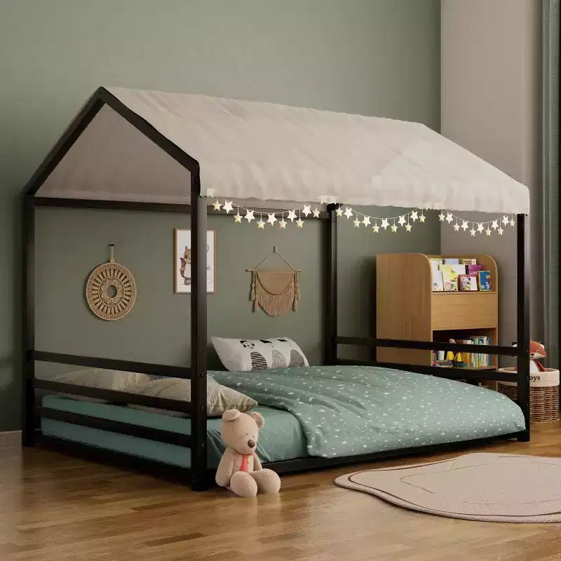Twin/Full Size Montessori Floor Bed Frame, Metal House Shaped Low Bed with Guardrails for Toddlers - ModernLuxe