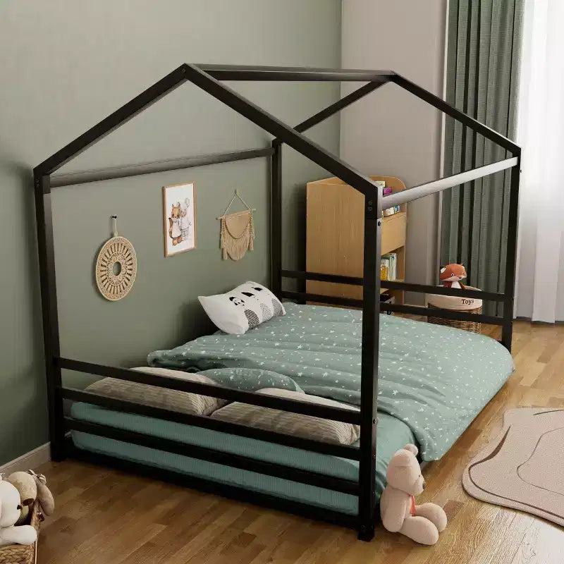 Struttura Letto a Terra Montessori Doppia/Matrimoniale, Letto Basso a Forma di Casetta in Metallo con Sponde per Bambini Piccoli - ModernLuxe
