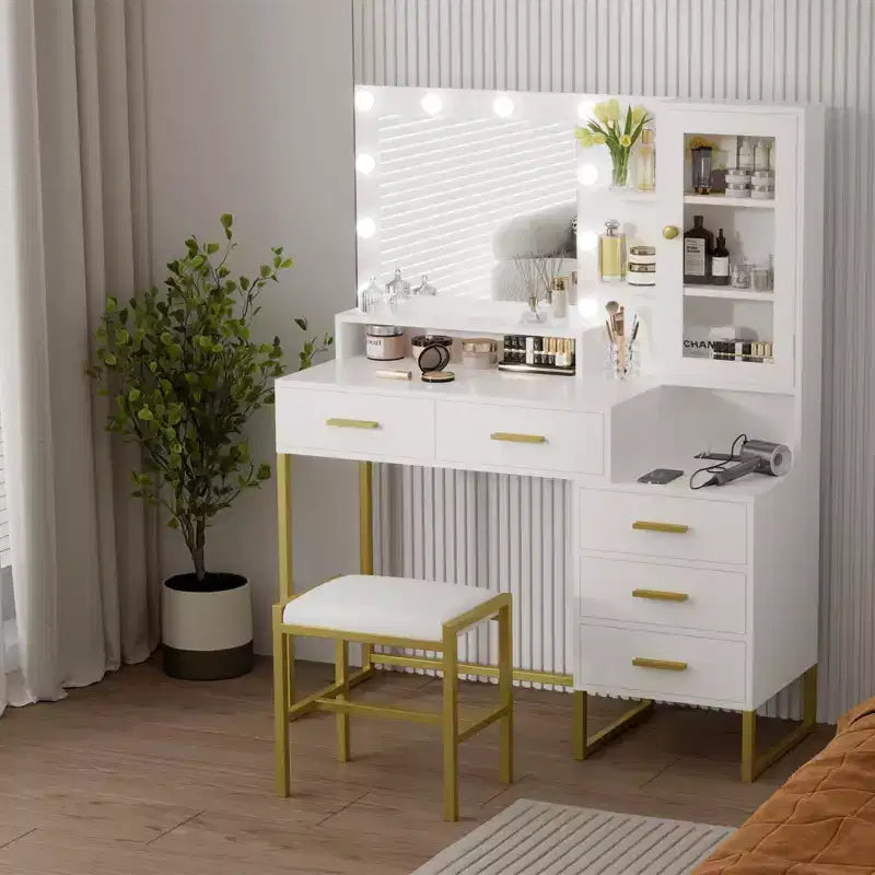 Toeletta per il trucco GustoWave con sgabello imbottito, scrivania da trucco con specchio e luci, set da tavolo da trucco con contenitore e 5 cassetti