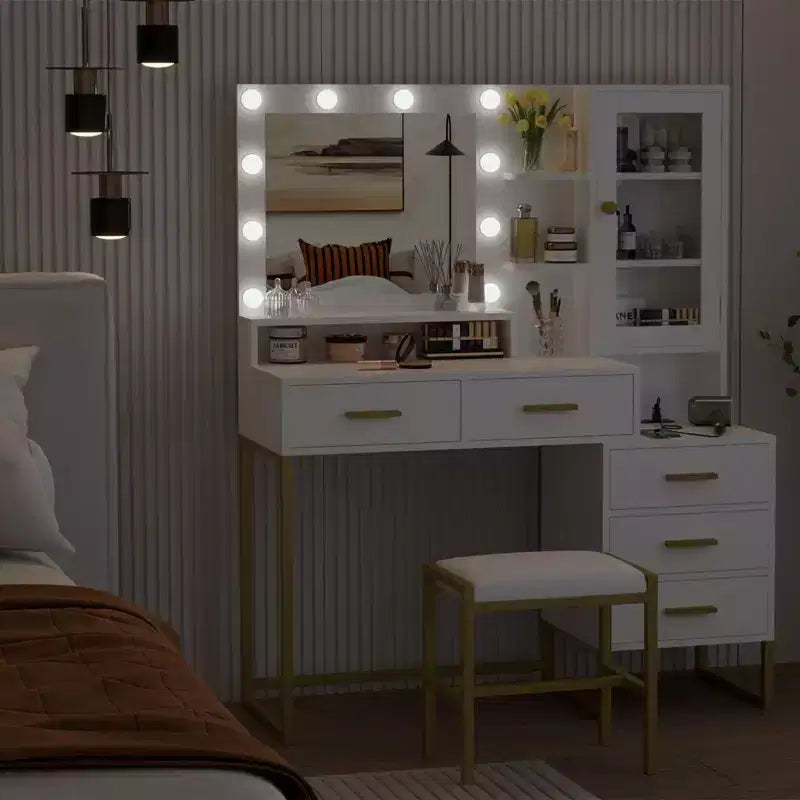 Toeletta per il trucco GustoWave con sgabello imbottito, scrivania da trucco con specchio e luci, set da tavolo da trucco con contenitore e 5 cassetti