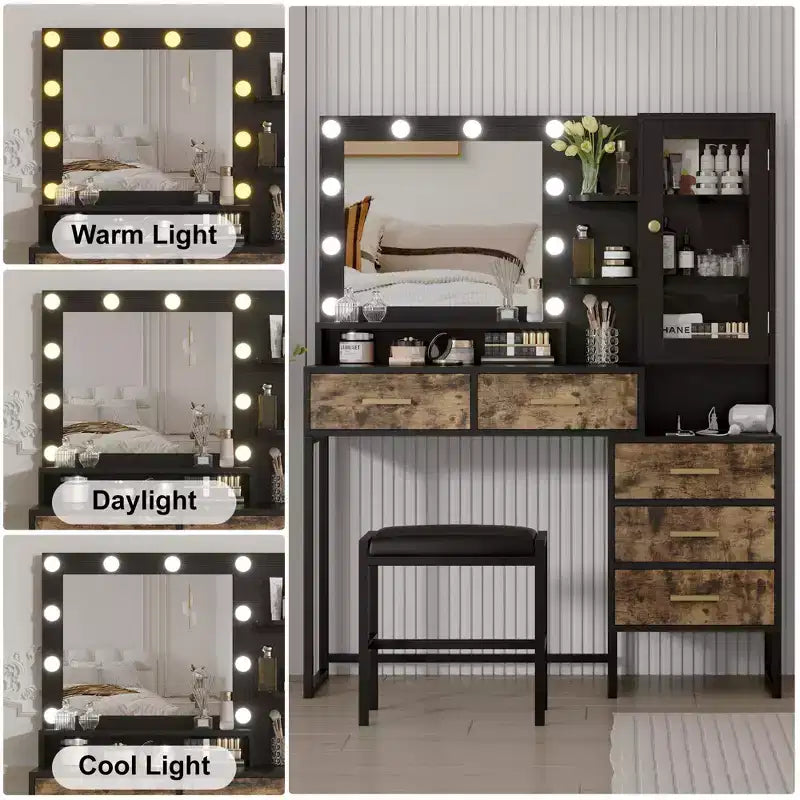 Toeletta per il trucco GustoWave con sgabello imbottito, scrivania da trucco con specchio e luci, set da tavolo da trucco con contenitore e 5 cassetti