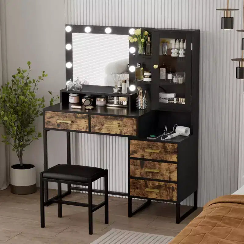 Toeletta per il trucco GustoWave con sgabello imbottito, scrivania da trucco con specchio e luci, set da tavolo da trucco con contenitore e 5 cassetti