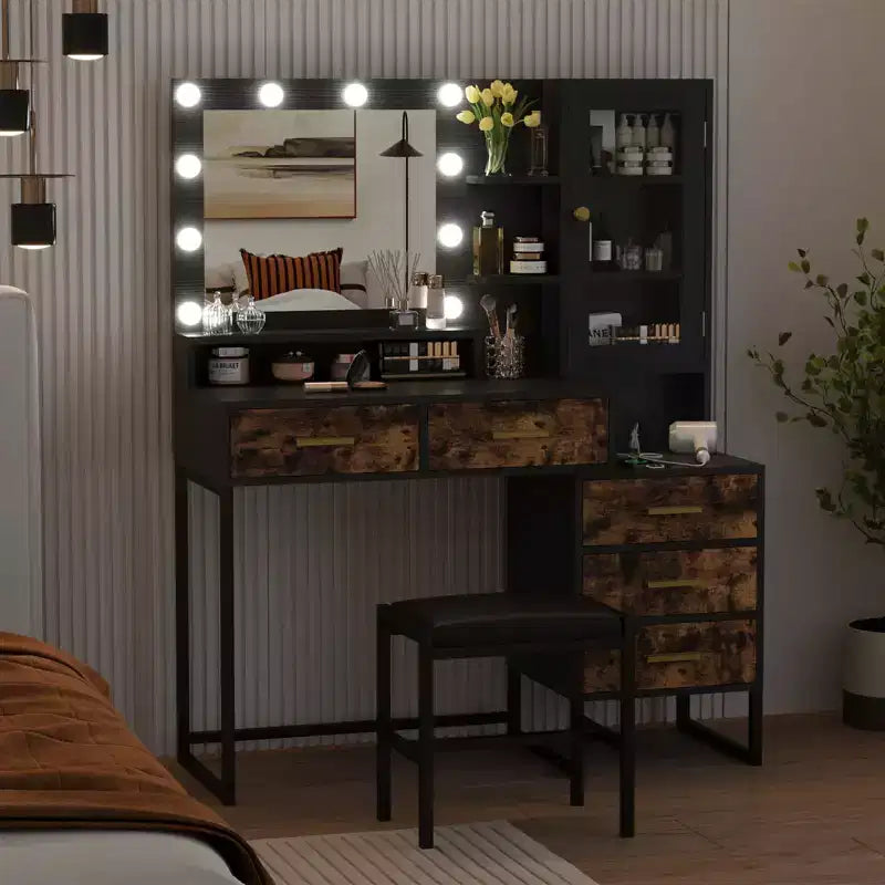 Toeletta per il trucco GustoWave con sgabello imbottito, scrivania da trucco con specchio e luci, set da tavolo da trucco con contenitore e 5 cassetti