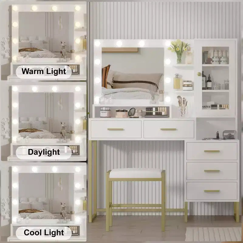 Toeletta per il trucco GustoWave con sgabello imbottito, scrivania da trucco con specchio e luci, set da tavolo da trucco con contenitore e 5 cassetti