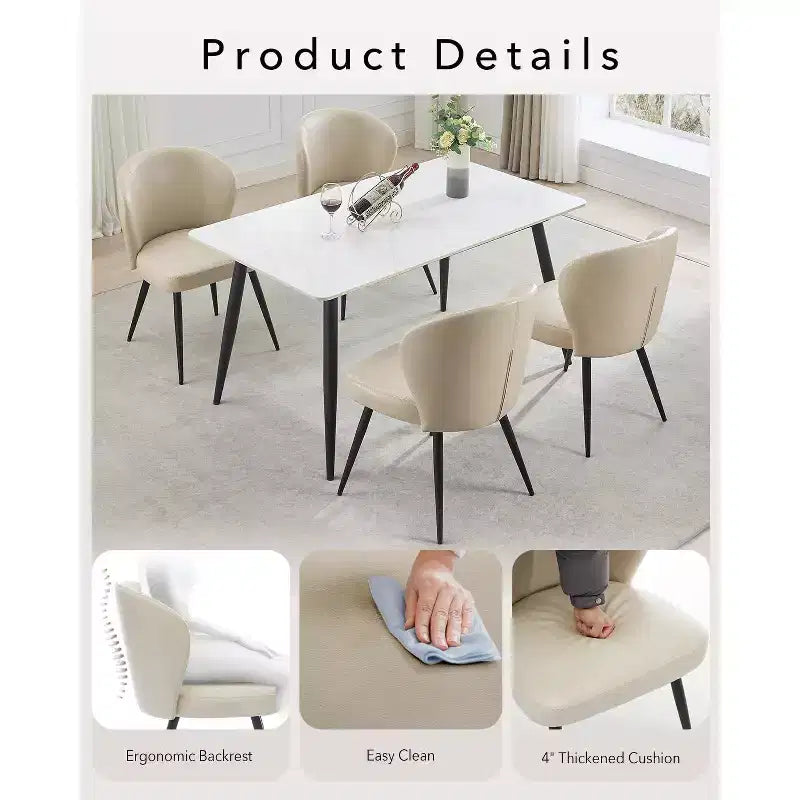 Set di 2 sedie da pranzo con pelle PU e gambe in acciaio, sedie laterali senza braccioli con schienale alto curvo per cucina e sala da pranzo, beige
