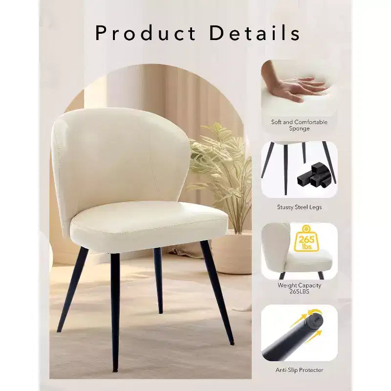 Set di 2 sedie da pranzo con pelle PU e gambe in acciaio, sedie laterali senza braccioli con schienale alto curvo per cucina e sala da pranzo, beige