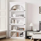 Libreria alta 68,7 con ripiani ad arco e contenitore, libreria stile rustico a 5 ripiani, libreria in legno per ufficio domestico, soggiorno