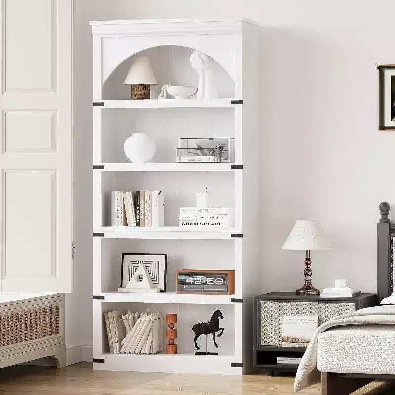Libreria alta 68,7 con ripiani ad arco e contenitore, libreria stile rustico a 5 ripiani, libreria in legno per ufficio domestico, soggiorno