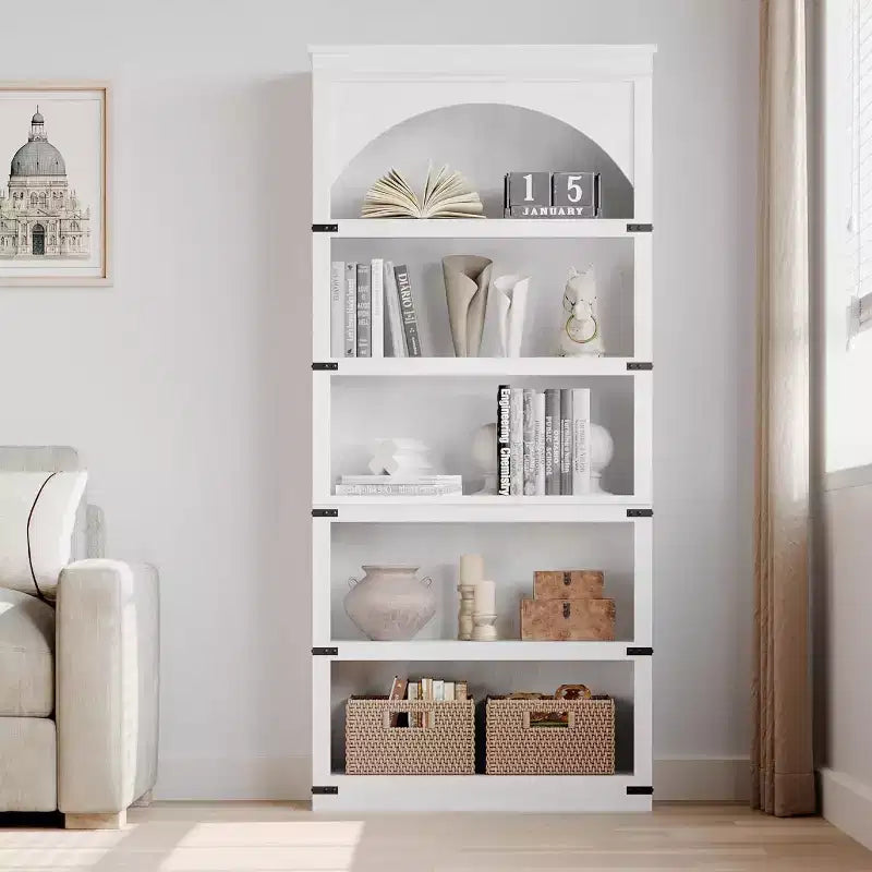 Libreria alta 68,7 con ripiani ad arco e contenitore, libreria stile rustico a 5 ripiani, libreria in legno per ufficio domestico, soggiorno