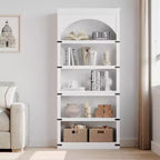 Libreria alta 68,7 con ripiani ad arco e contenitore, libreria stile rustico a 5 ripiani, libreria in legno per ufficio domestico, soggiorno