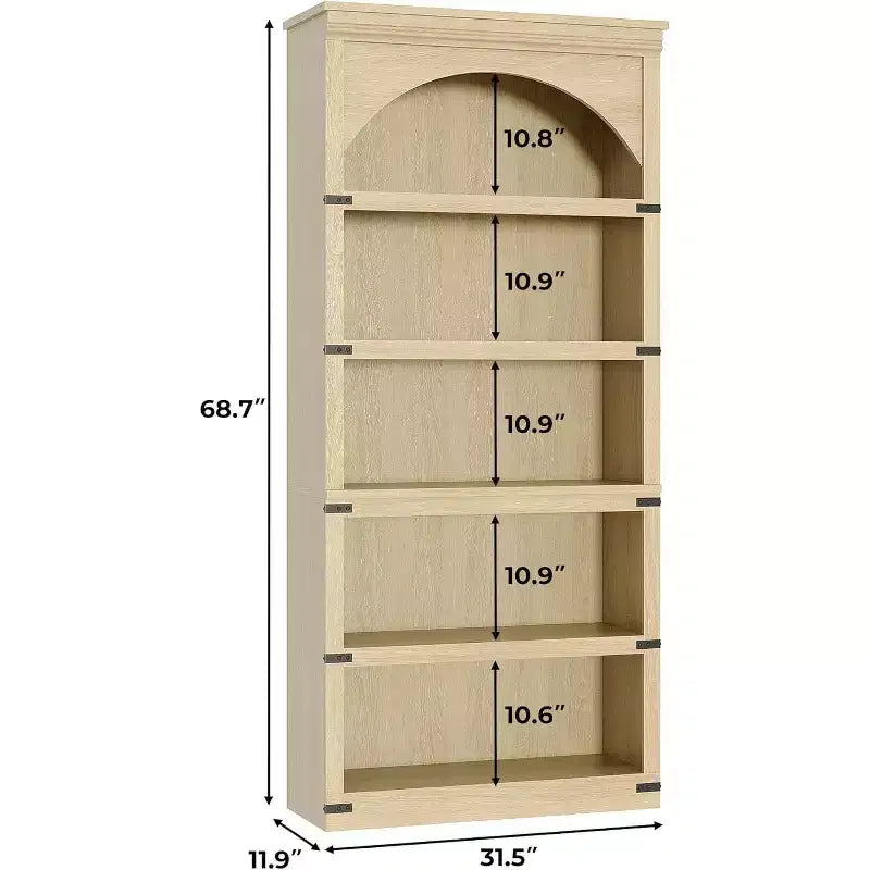 Libreria alta 68,7 con ripiani ad arco e contenitore, libreria stile rustico a 5 ripiani, libreria in legno per ufficio domestico, soggiorno