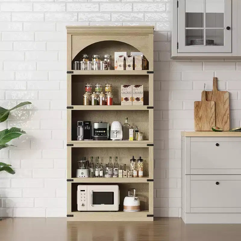 Libreria alta 68,7 con ripiani ad arco e contenitore, libreria stile rustico a 5 ripiani, libreria in legno per ufficio domestico, soggiorno