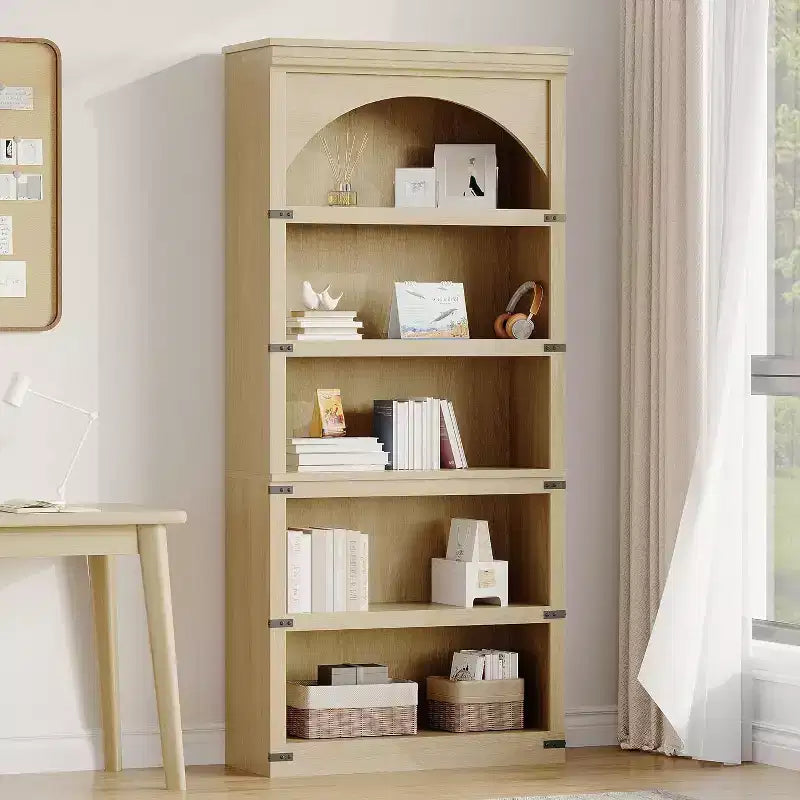 Libreria alta 68,7 con ripiani ad arco e contenitore, libreria stile rustico a 5 ripiani, libreria in legno per ufficio domestico, soggiorno