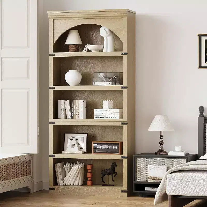 Libreria alta 68,7 con ripiani ad arco e contenitore, libreria stile rustico a 5 ripiani, libreria in legno per ufficio domestico, soggiorno
