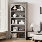 Libreria alta 68,7 con ripiani ad arco e contenitore, libreria stile rustico a 5 ripiani, libreria in legno per ufficio domestico, soggiorno