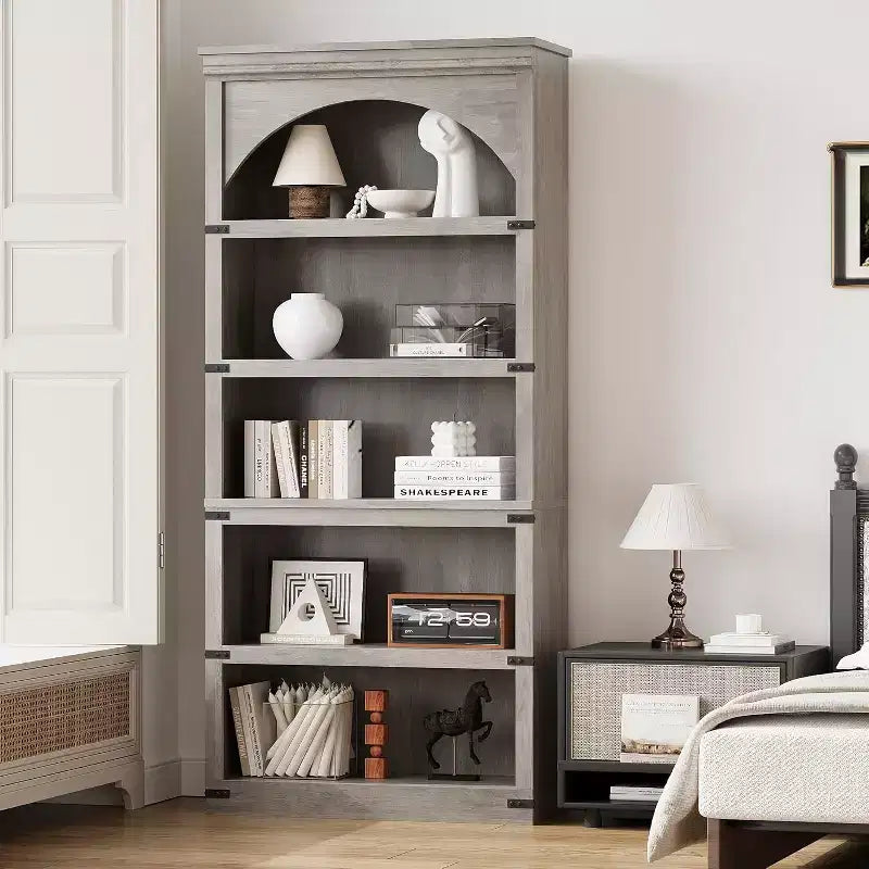 Libreria alta 68,7 con ripiani ad arco e contenitore, libreria stile rustico a 5 ripiani, libreria in legno per ufficio domestico, soggiorno