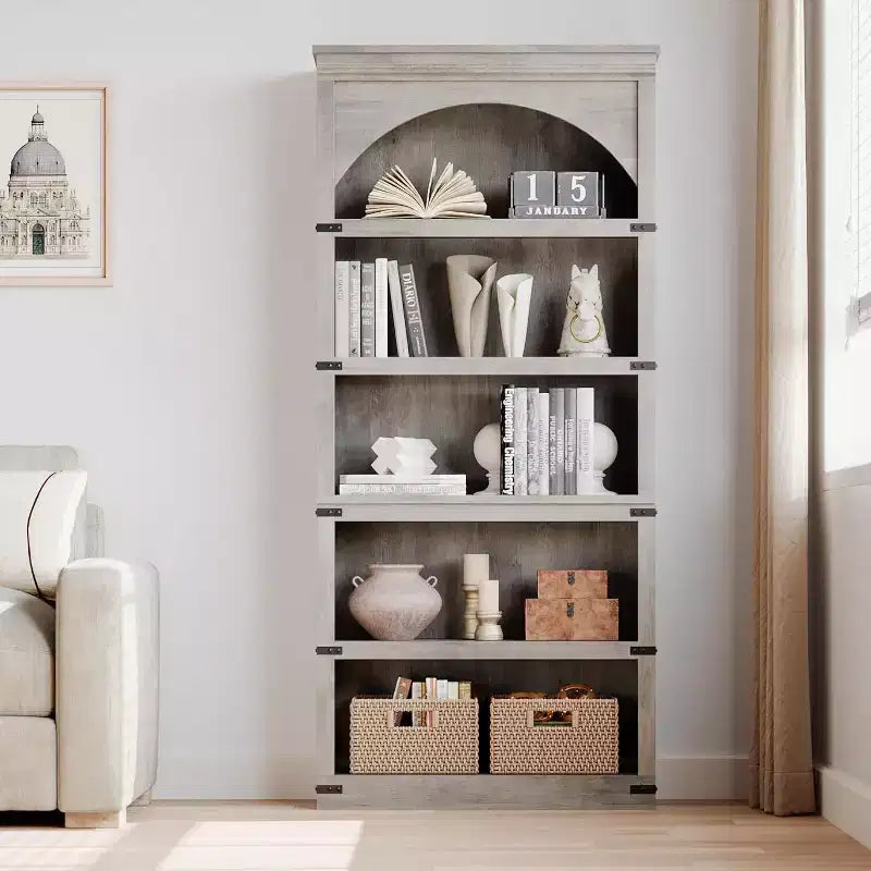 Libreria alta 68,7 con ripiani ad arco e contenitore, libreria stile rustico a 5 ripiani, libreria in legno per ufficio domestico, soggiorno