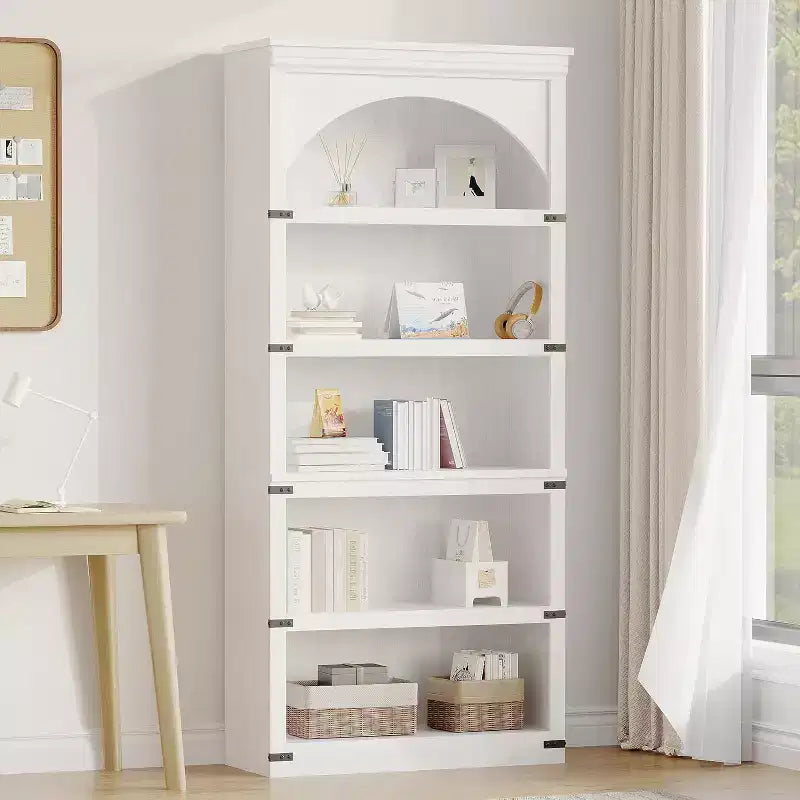 Libreria alta 68,7 con ripiani ad arco e contenitore, libreria stile rustico a 5 ripiani, libreria in legno per ufficio domestico, soggiorno
