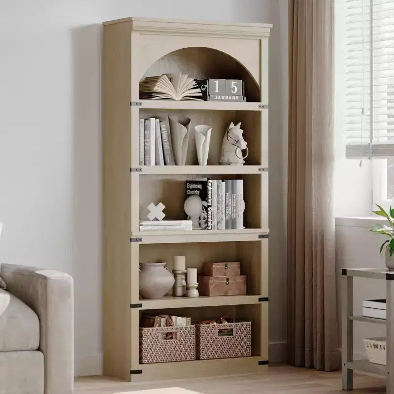 Libreria alta 68,7 con ripiani ad arco e contenitore, libreria stile rustico a 5 ripiani, libreria in legno per ufficio domestico, soggiorno