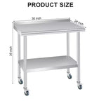 Tavolo in Acciaio Inox 76 x 61 cm con Alzatina, 4 Ruote Girevoli, Banco da Lavoro Pesante con Ripiano Inferiore Regolabile per Attività di Ristorazione