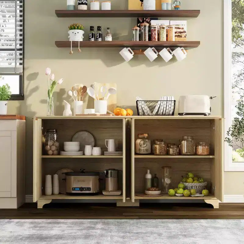 Credenza Coolmee con 4 ante a righe, Mobile da Cucina con Ripiani Regolabili, Mobile Bar per Casa, Sala da Pranzo