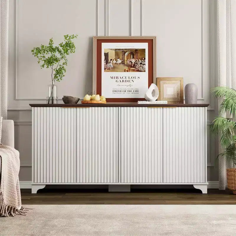 Credenza Coolmee con 4 ante a righe, Mobile da Cucina con Ripiani Regolabili, Mobile Bar per Casa, Sala da Pranzo