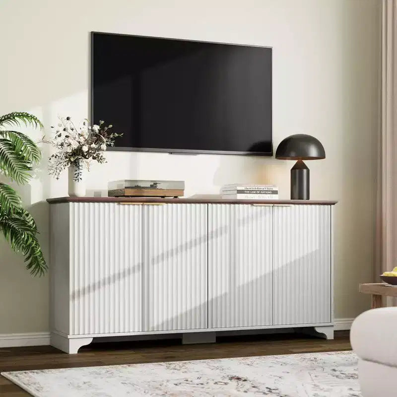 Credenza Coolmee con 4 ante a righe, Mobile da Cucina con Ripiani Regolabili, Mobile Bar per Casa, Sala da Pranzo