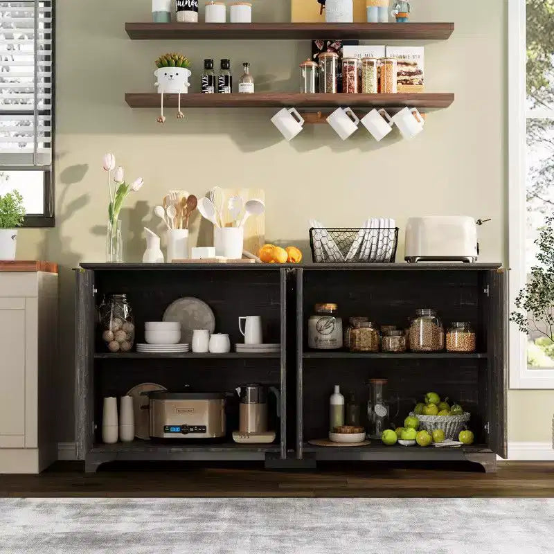 Credenza Coolmee con 4 ante a righe, Mobile da Cucina con Ripiani Regolabili, Mobile Bar per Casa, Sala da Pranzo