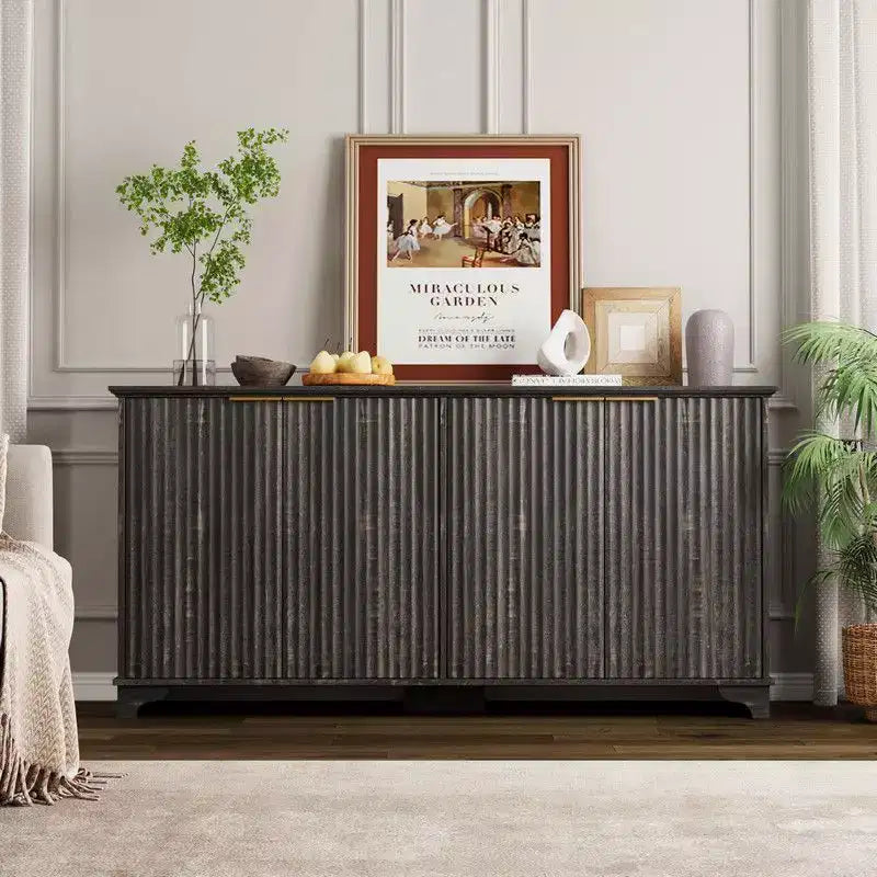 Credenza Coolmee con 4 ante a righe, Mobile da Cucina con Ripiani Regolabili, Mobile Bar per Casa, Sala da Pranzo