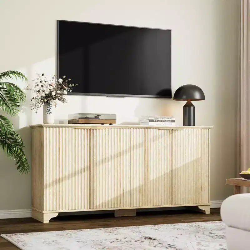 Credenza Coolmee con 4 ante a righe, Mobile da Cucina con Ripiani Regolabili, Mobile Bar per Casa, Sala da Pranzo