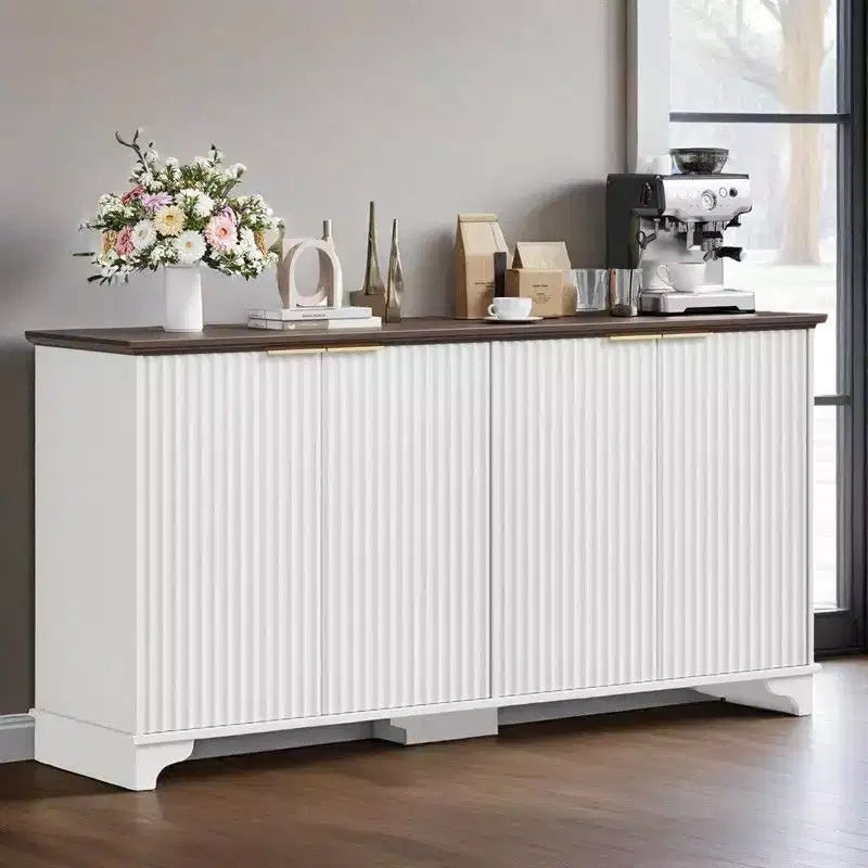 Credenza Coolmee con 4 ante a righe, Mobile da Cucina con Ripiani Regolabili, Mobile Bar per Casa, Sala da Pranzo