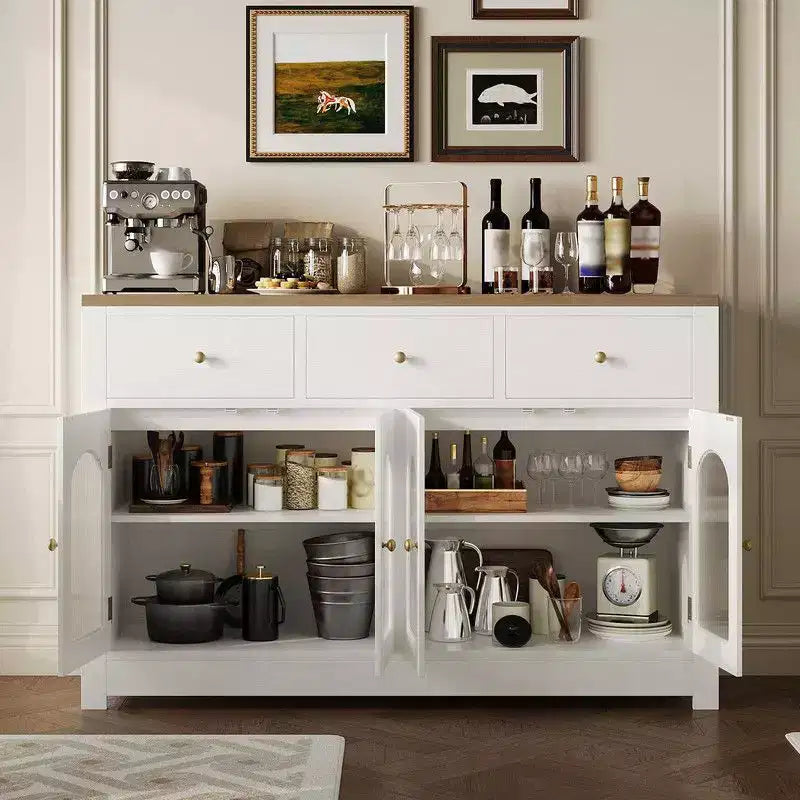 Coolmee Credenza a buffet con cassetti, credenza a buffet grande da 55 pollici con 3 cassetti e 4 ante, tavolino buffet da bar in legno
