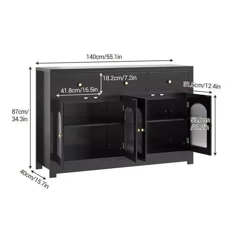 Coolmee Credenza a buffet con cassetti, credenza a buffet grande da 55 pollici con 3 cassetti e 4 ante, tavolino buffet da bar in legno