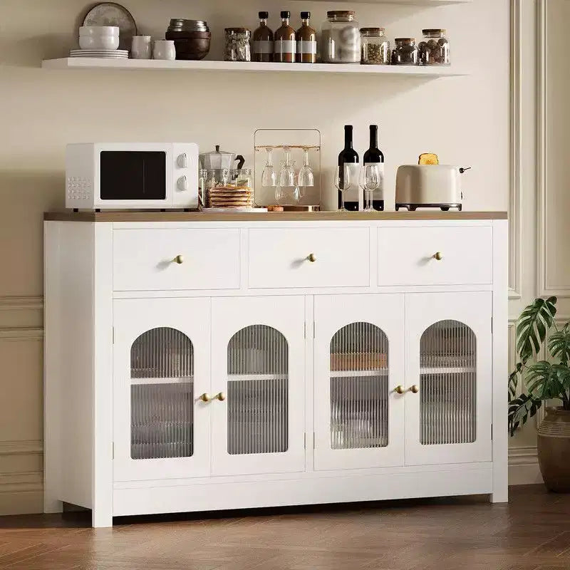 Coolmee Credenza a buffet con cassetti, credenza a buffet grande da 55 pollici con 3 cassetti e 4 ante, tavolino buffet da bar in legno
