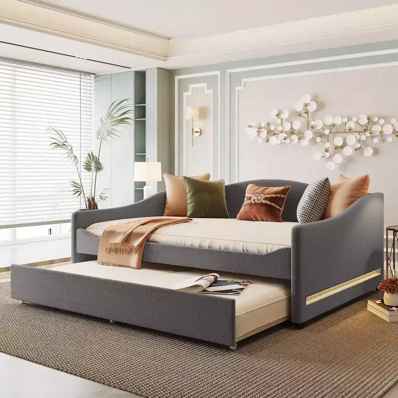 Bellemave Full Size Upholstered Daybed with Trundle,Teddy Fleece Full Daybed Frame, for Bedroom,Living Room,Gray