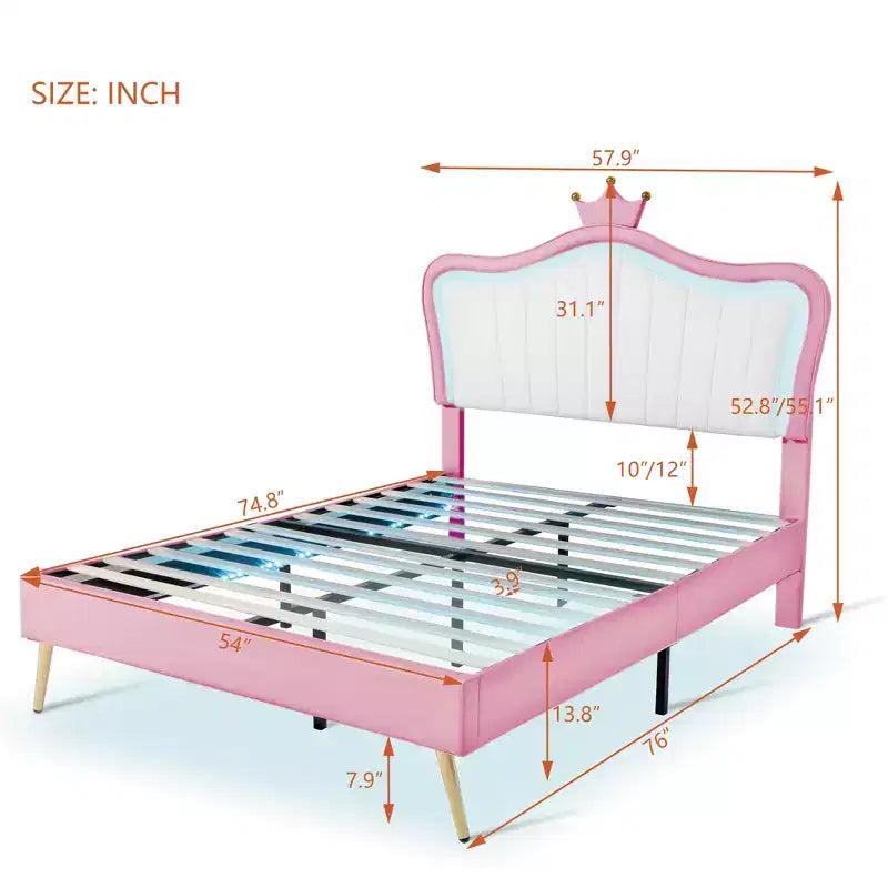 Testiera Bellemave a corona per letto a una piazza e mezza per bambine, letto imbottito a una piazza e mezza con luci a LED per bambini, rosa